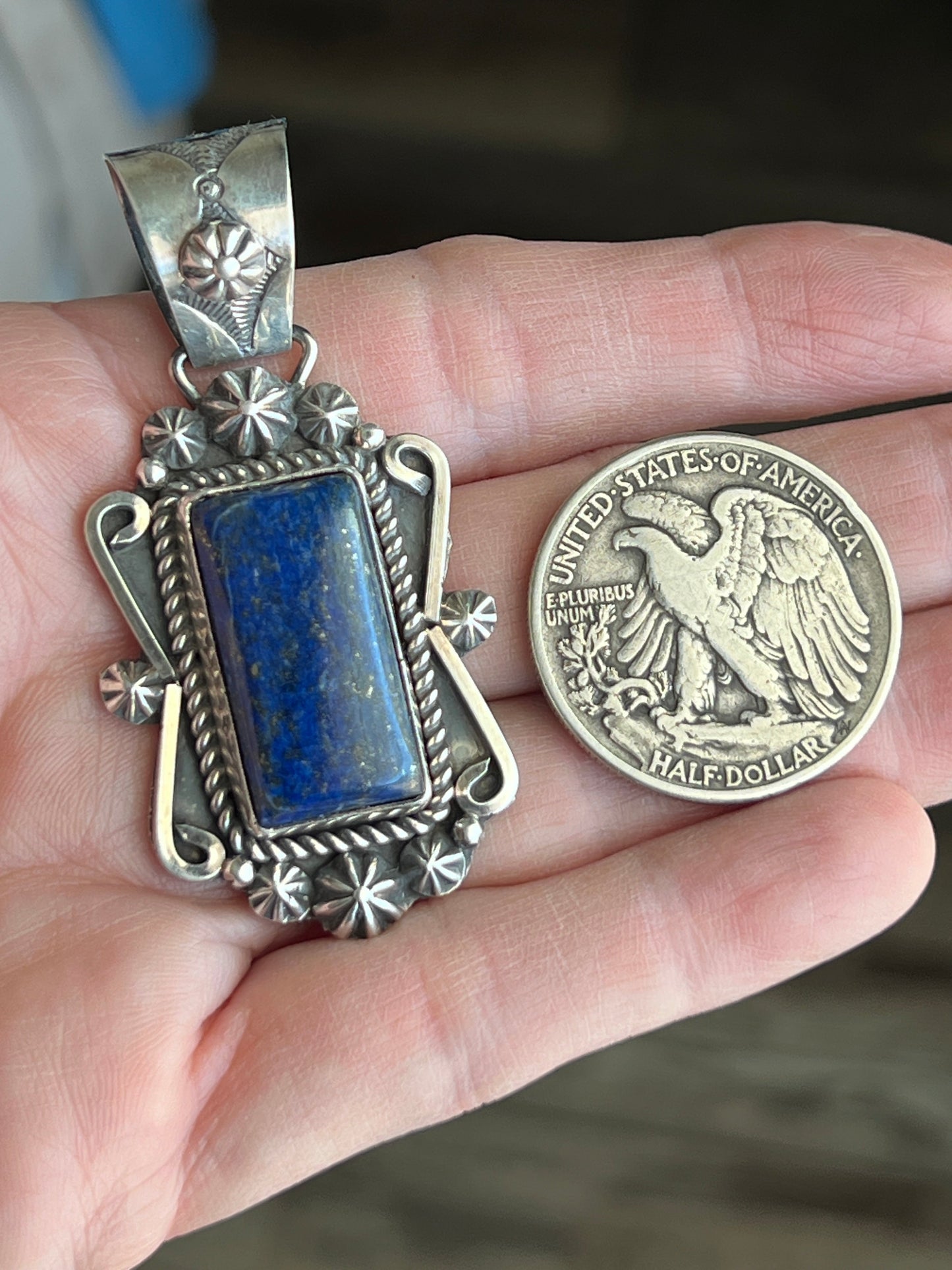 Handcrafted Rectangular Sterling Silver and Lapis Lazuli Pendant by Rosella Paxson