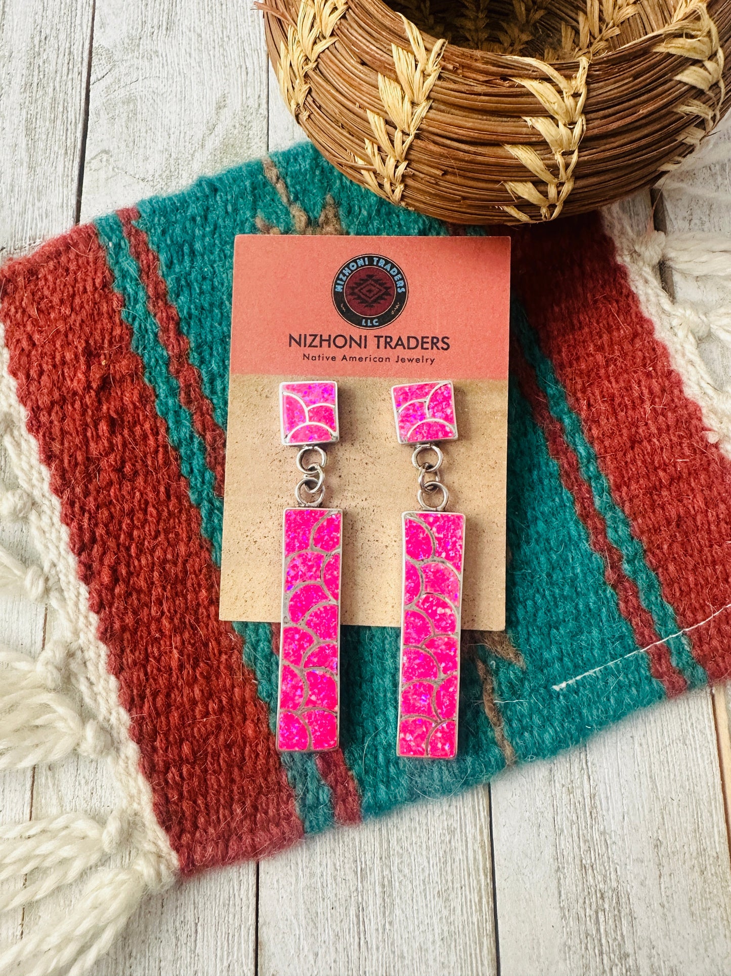 Handcrafted Sterling Silver & Pink Fire Opal Inlay Dangle Earrings