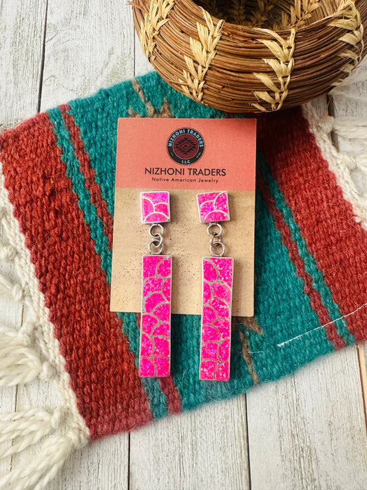 Handcrafted Sterling Silver & Pink Fire Opal Inlay Dangle Earrings
