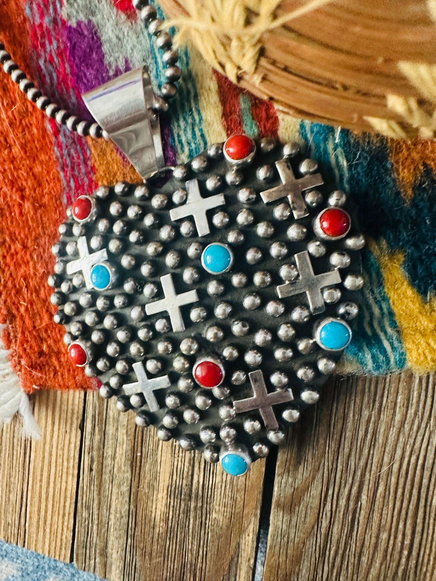 Handcrafted Sterling Silver, Turquoise & Coral Heart Cross Pendant by Geneva Apachito