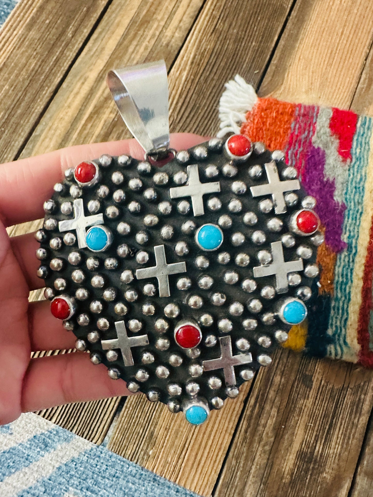 Handcrafted Sterling Silver, Turquoise & Coral Heart Cross Pendant by Geneva Apachito