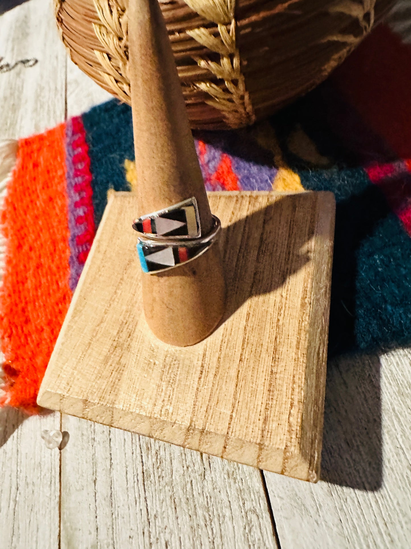 Handcrafted Multi Stone & Sterling Silver Inlay Square Adjustable Ring