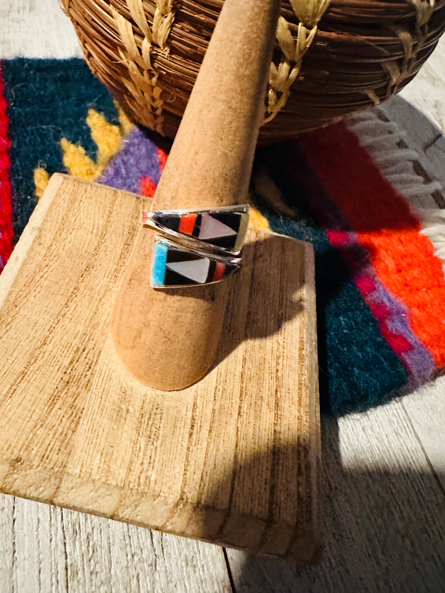 Handcrafted Multi Stone & Sterling Silver Inlay Square Adjustable Ring