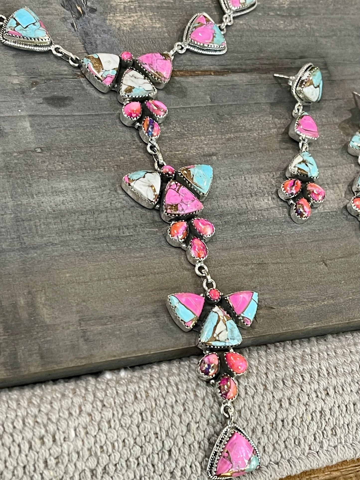 Handmade Cotton Candy , Pink Dream Mojave & Sterling Silver Lariat Necklace Set