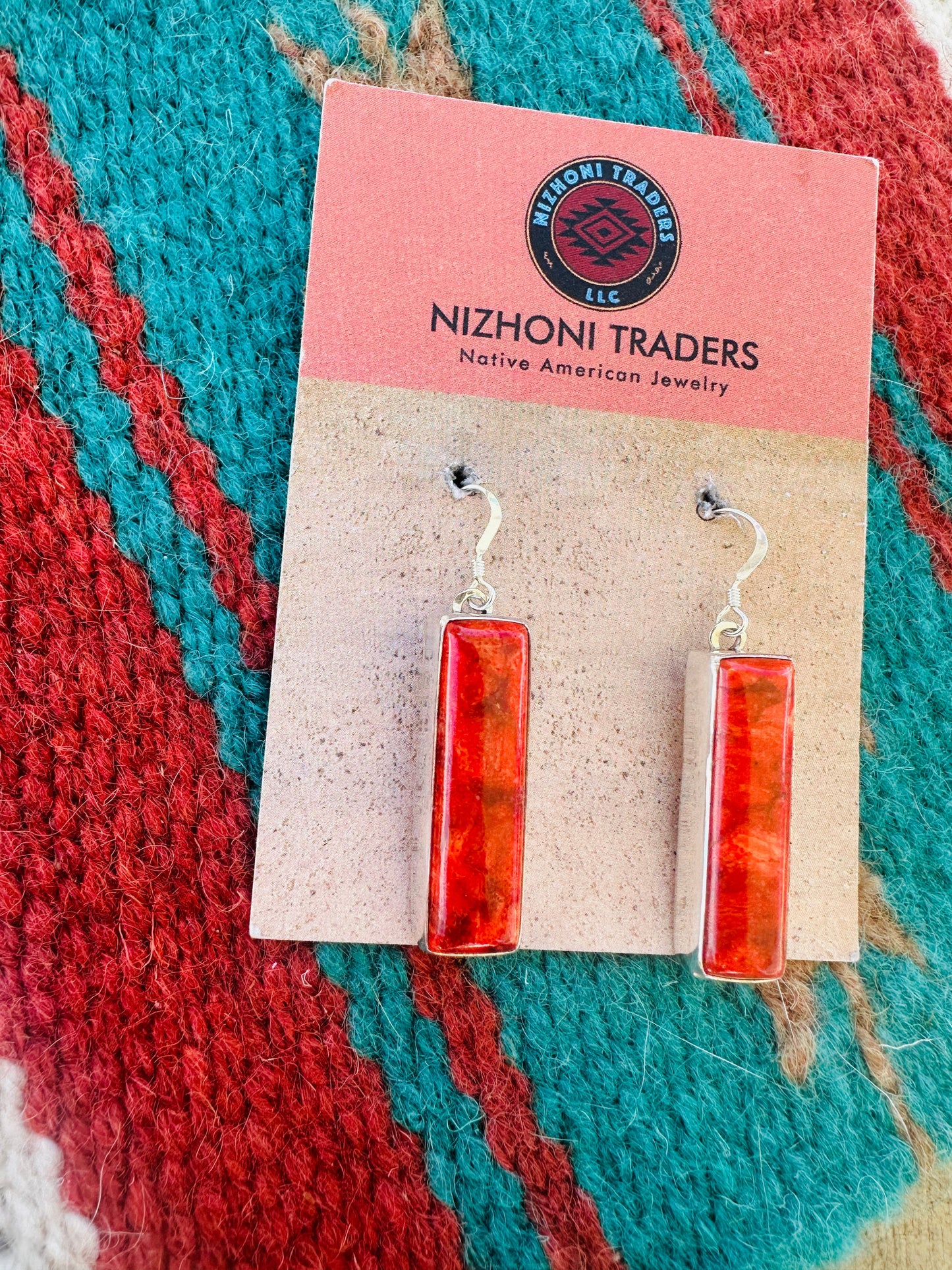 Handcrafted Sterling Silver Apple Coral Rectangle Dangle Earrings