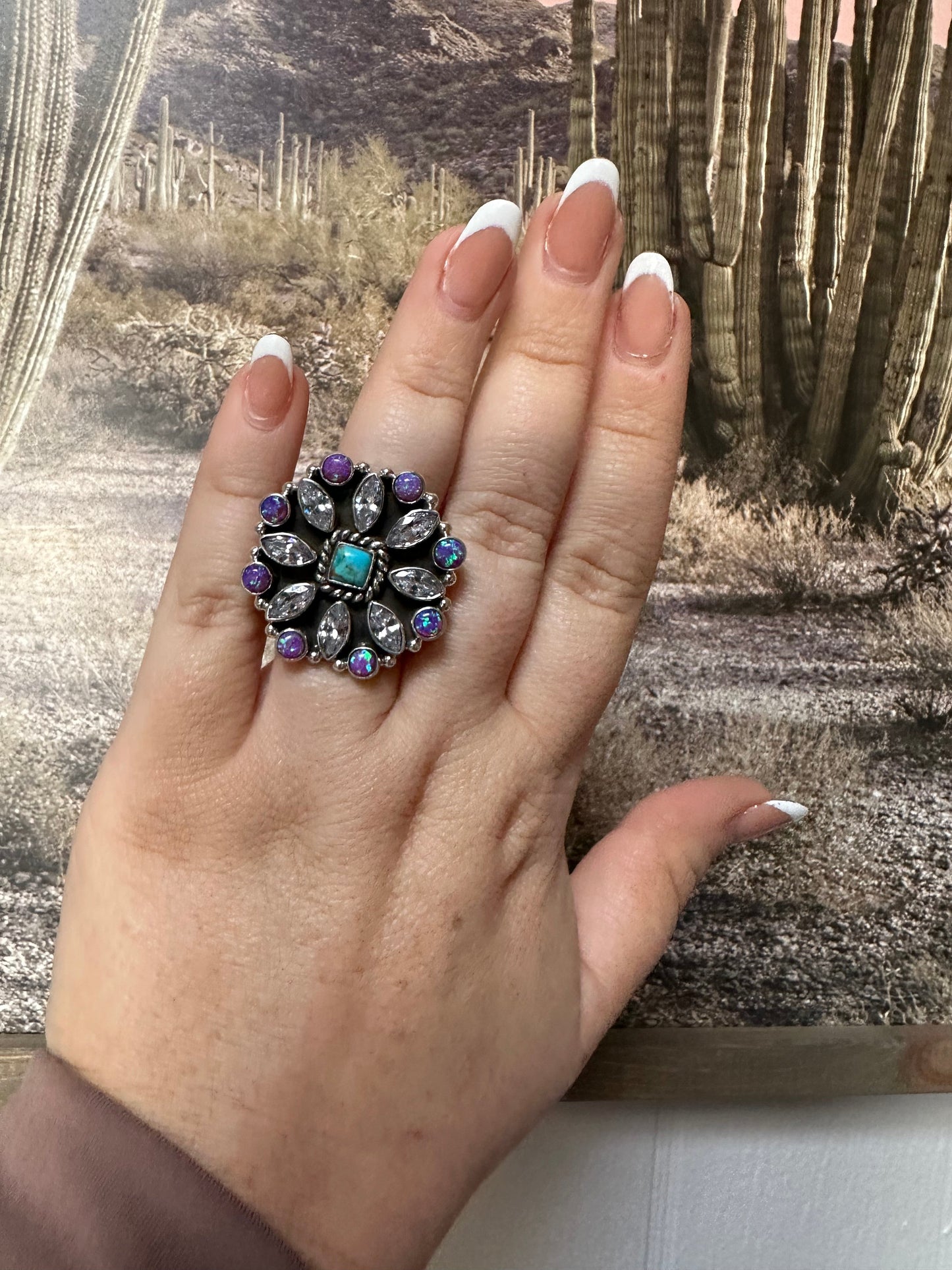 Beautiful Handmade Turquoise, Fire Opal, CZ And Sterling Silver Adjustable Ring