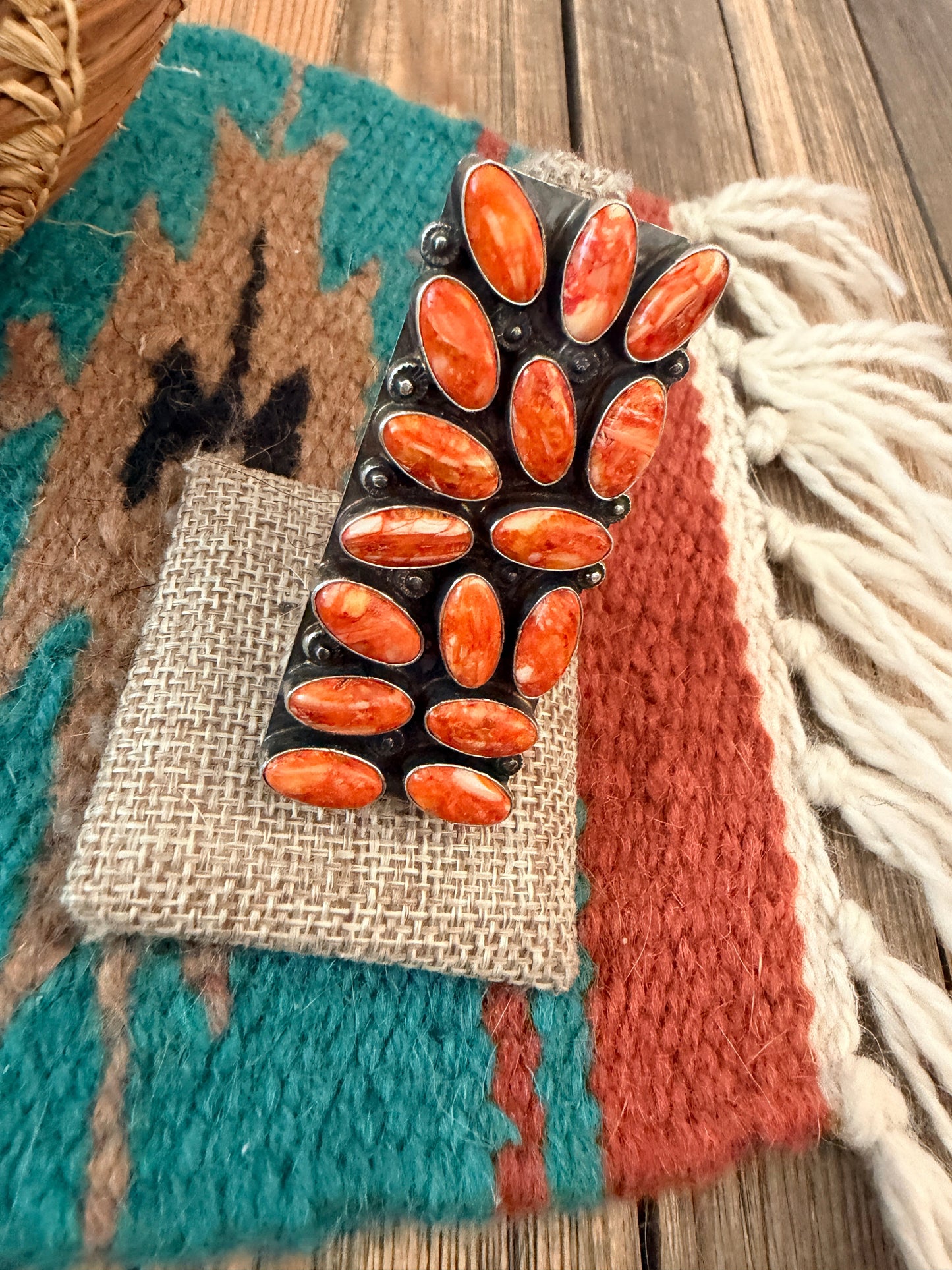 Handcrafted Orange Spiny Oyster & Sterling Silver Cluster Adjustable Ring by Jacqueline Silver