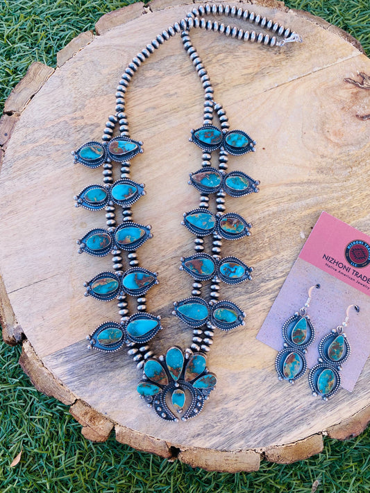 Handcrafted Sterling Silver & Royston Turquoise Beaded Squash Style Necklace Set by Jaqueline Silver