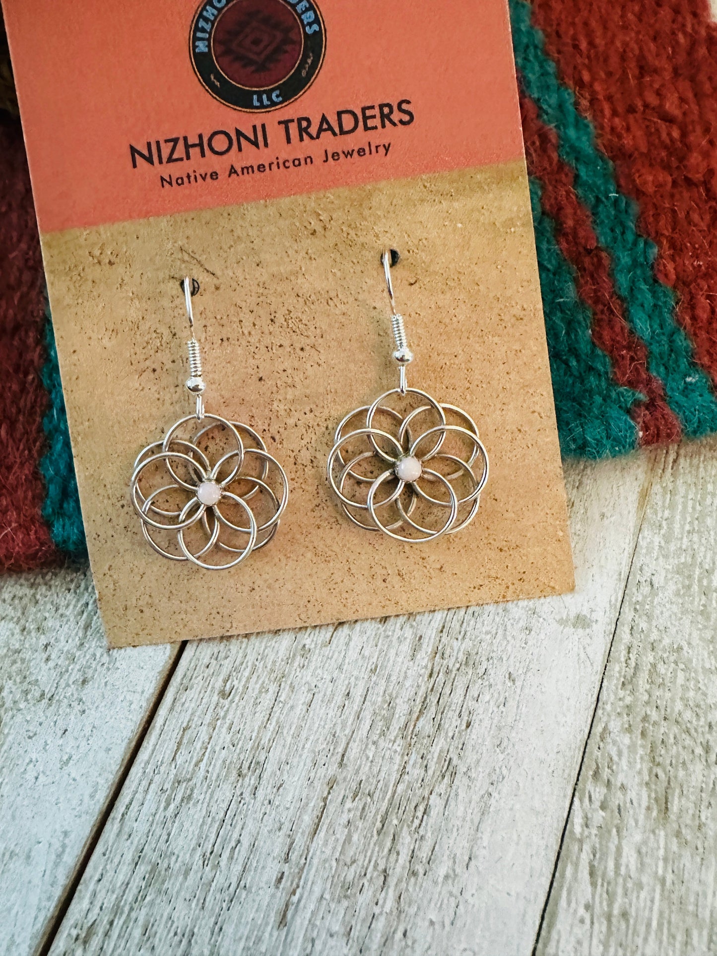 Handcrafted Queen Pink Conch & Sterling Silver Flower Dangle Earrings