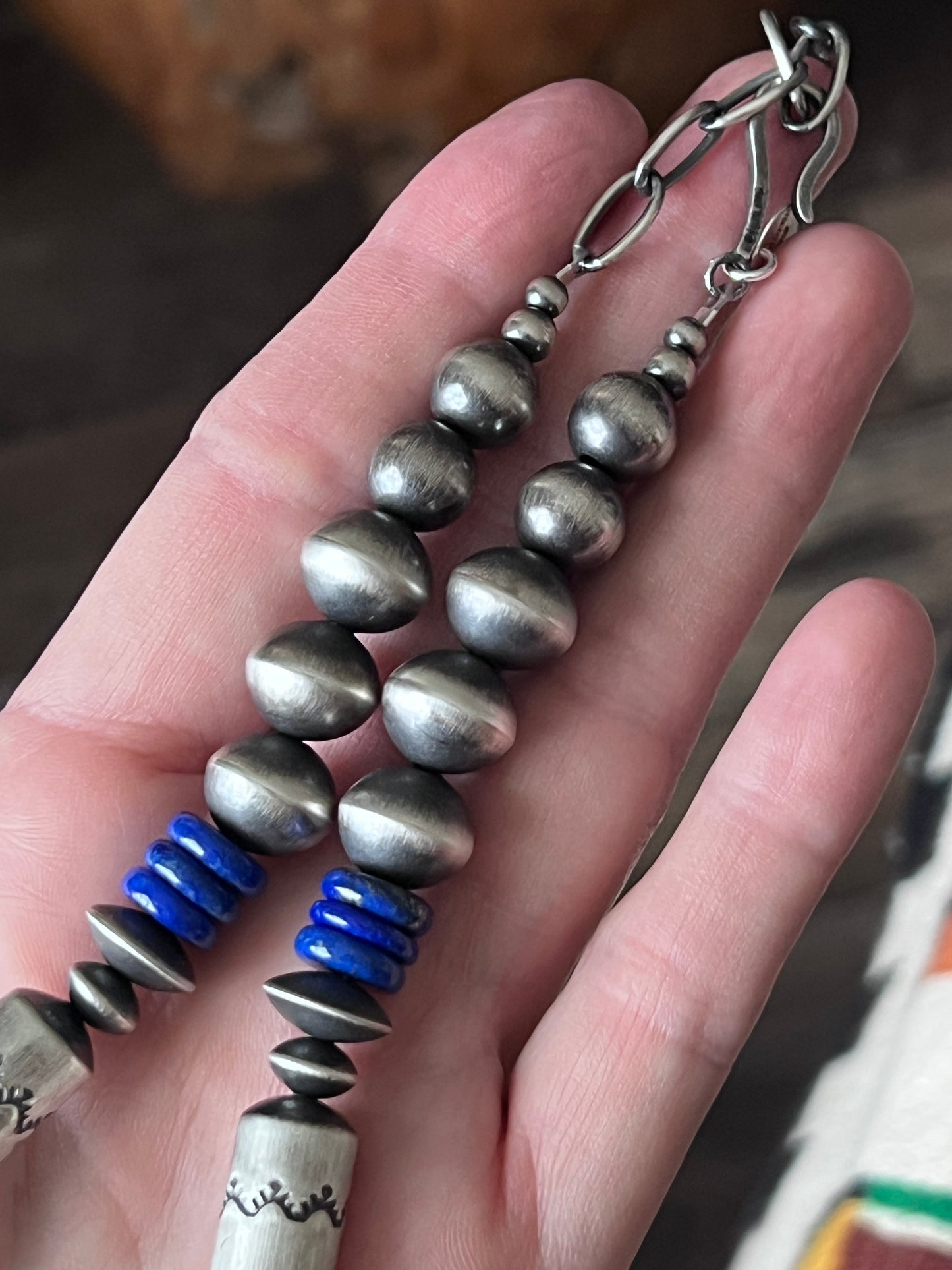 Handcrafted Sterling Silver and Lapis Lazuli Single Strand Beaded Statement Necklace by Rose Martin, 16” + 2”