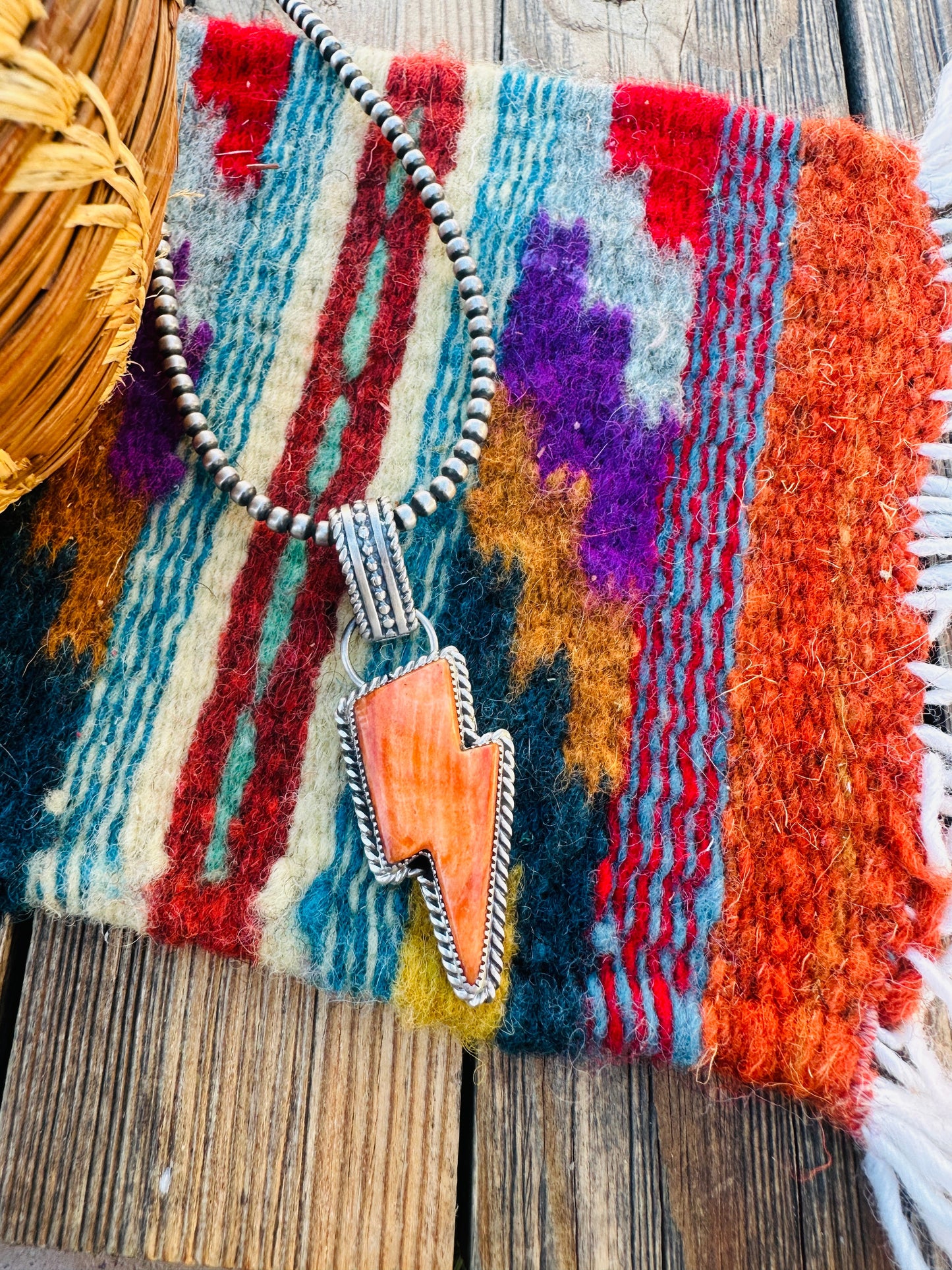 Handcrafted Spiny Oyster & Sterling Silver Lightning Bolt Pendant by Tatum Skeets