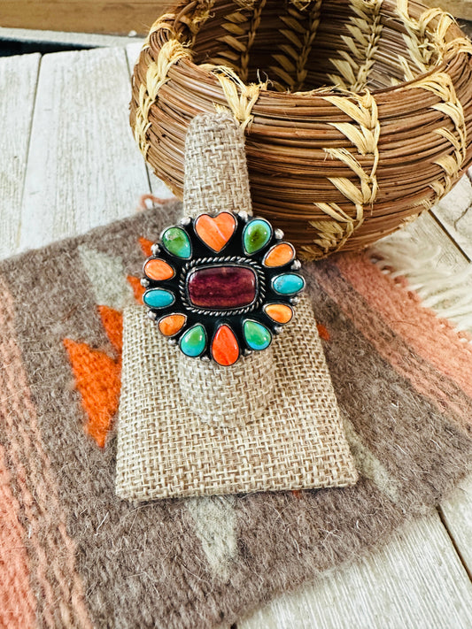 Handcrafted Electric Rainbow Sterling Silver, Turquoise & Spiny Ring by Bernyse Chavez and Angela Martin, Size 9