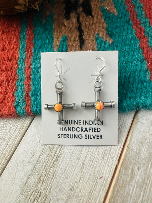 Handcrafted Sterling Silver & Orange Spiny Cross Dangle Earrings