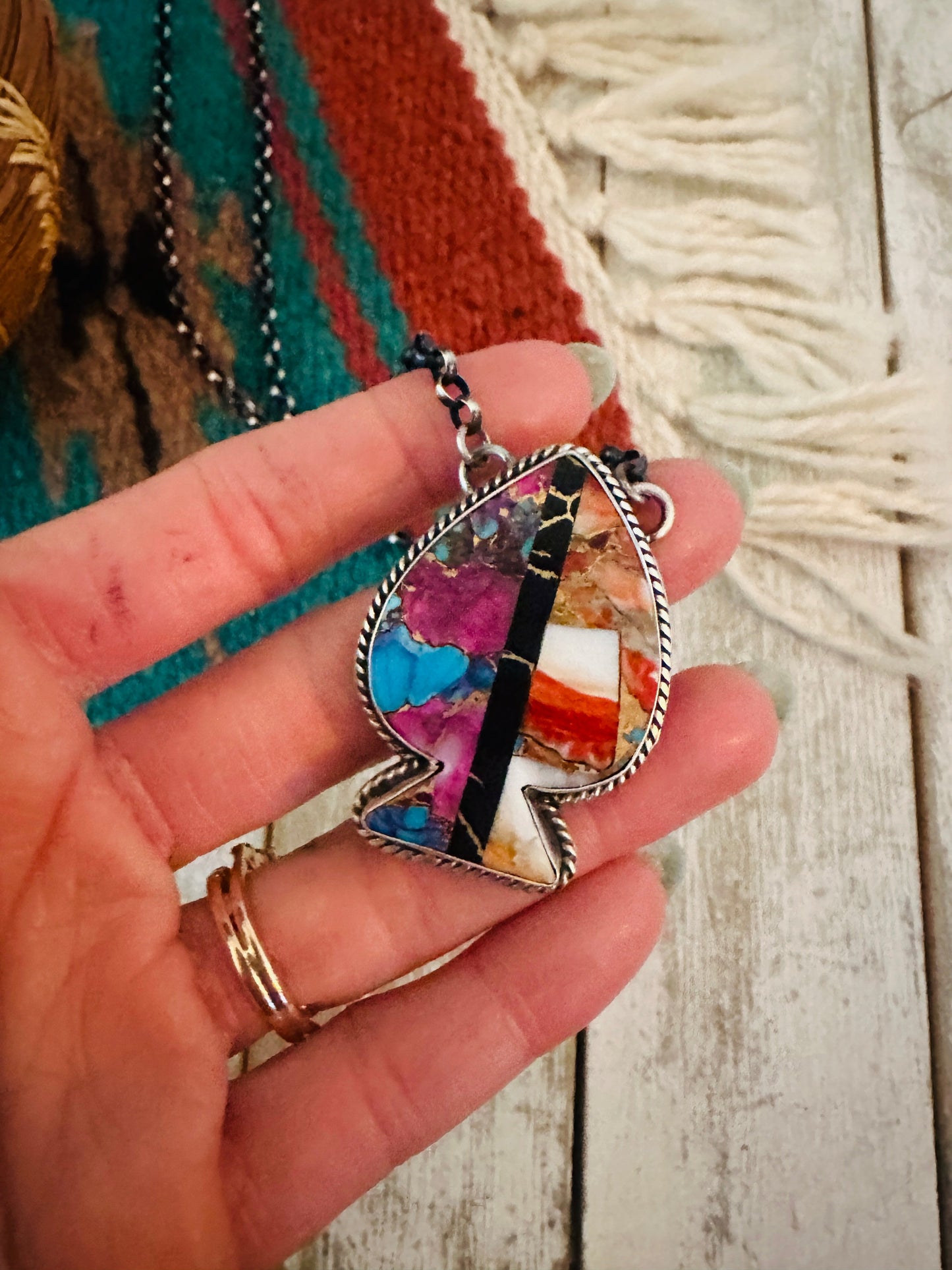 Handcrafted Sterling Silver & Multi Stone Inlay Spade Necklace