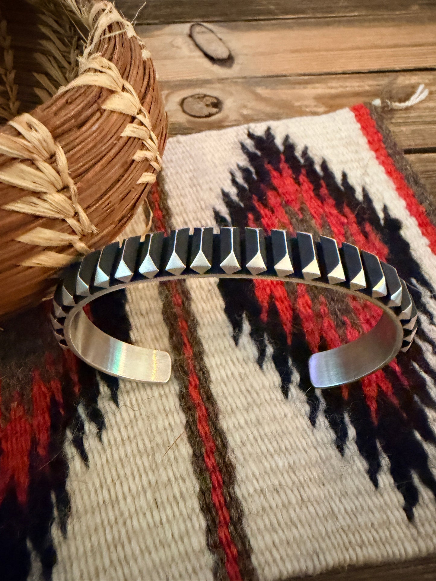 Hand Stamped Sterling Silver Cuff Bracelet by Leander Tahe