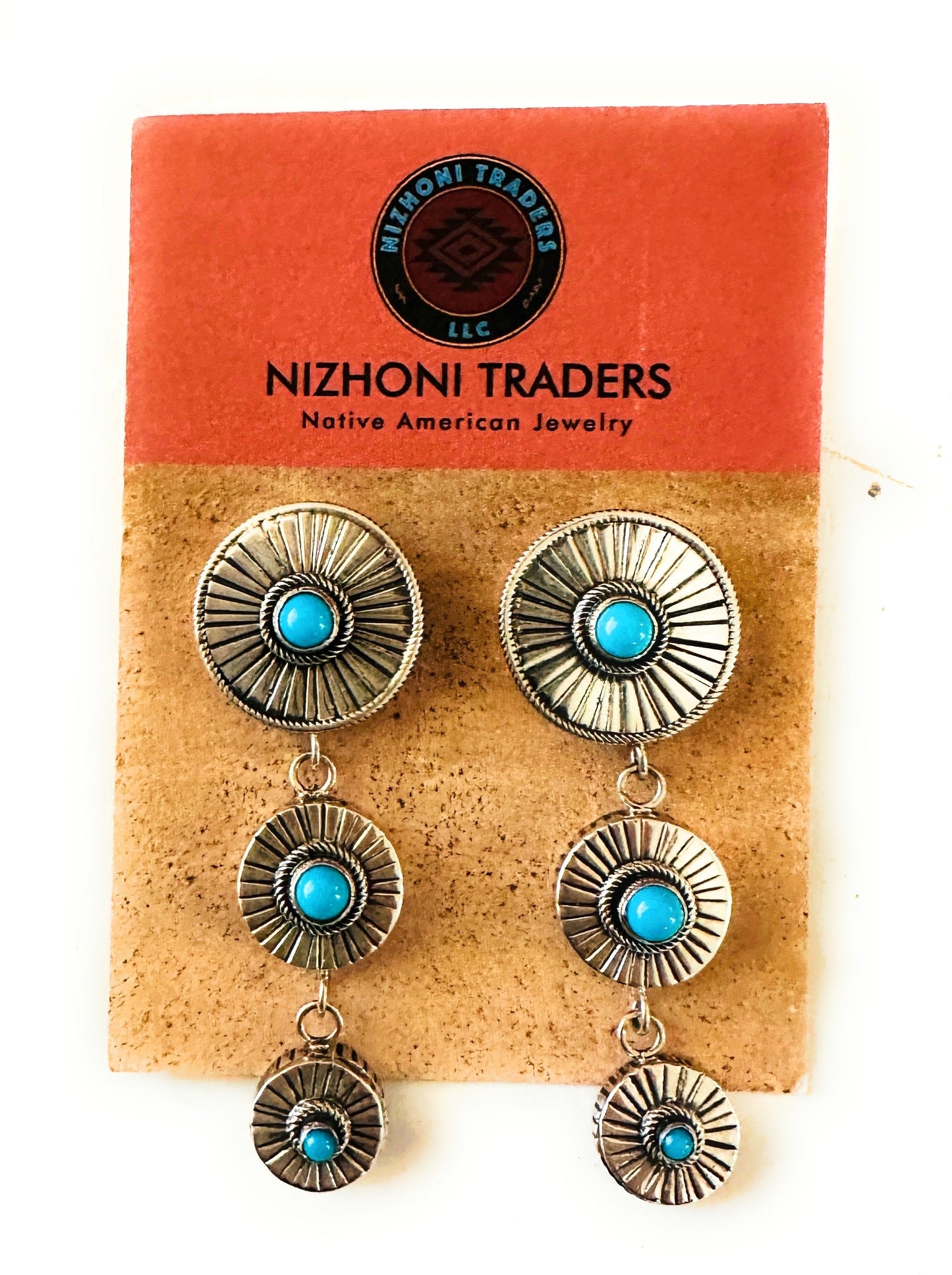 Navajo Hand Stamped Sterling Silver & Turquoise Concho Dangle Earrings