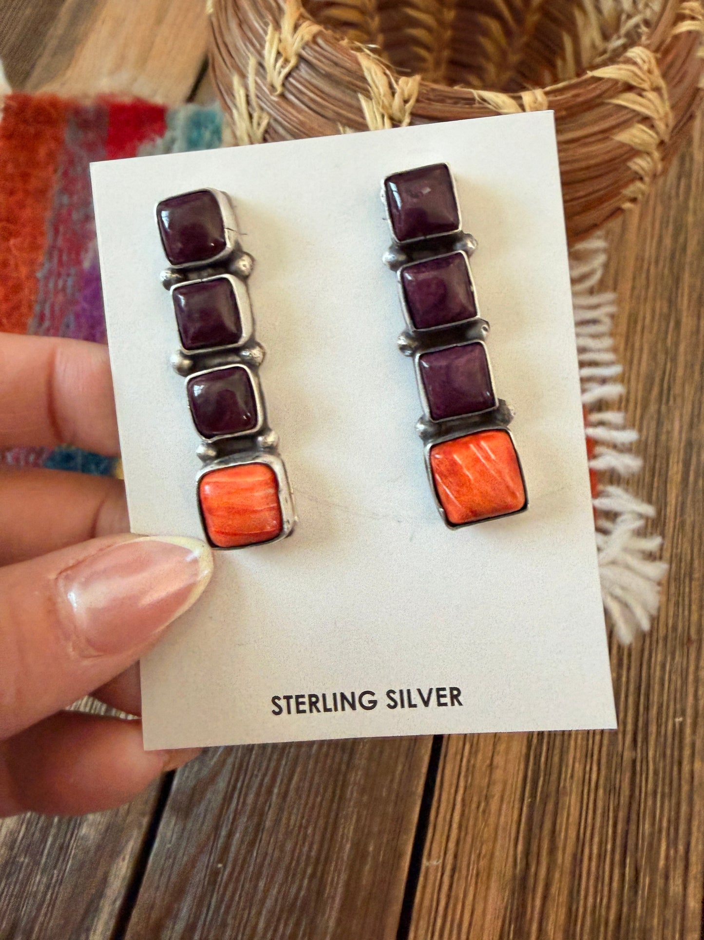Handcrafted Spiny Oyster And Sterling Silver Dangle Earrings