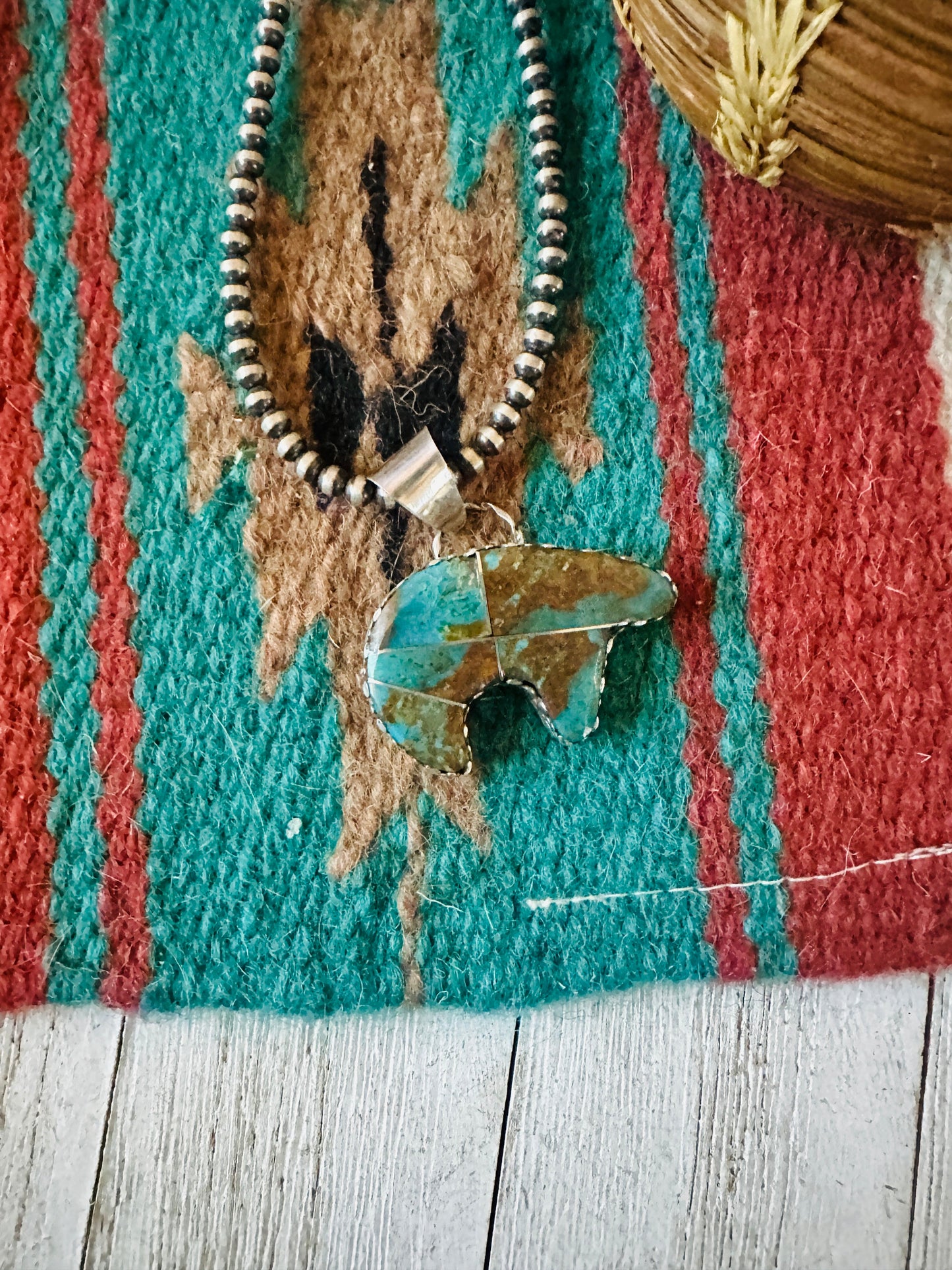 Handcrafted Turquoise & Sterling Silver Inlay Fetish Bear Pendant