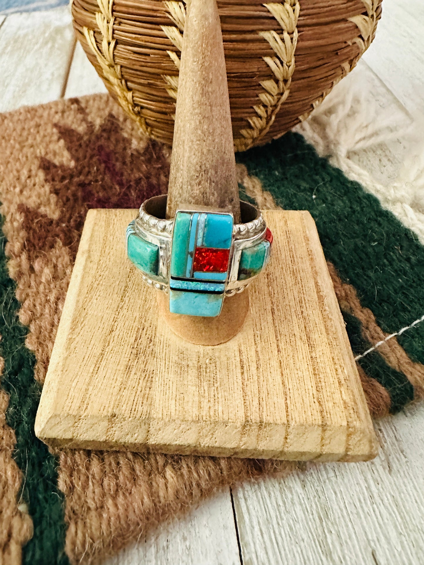 Handcrafted Sterling Silver & Multi Stone Inlay Ring Size 13