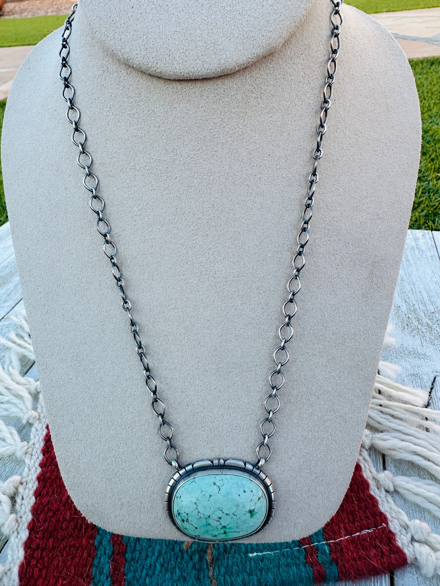 Handcrafted Sterling Silver 18” Link Chain & Turquoise Necklace