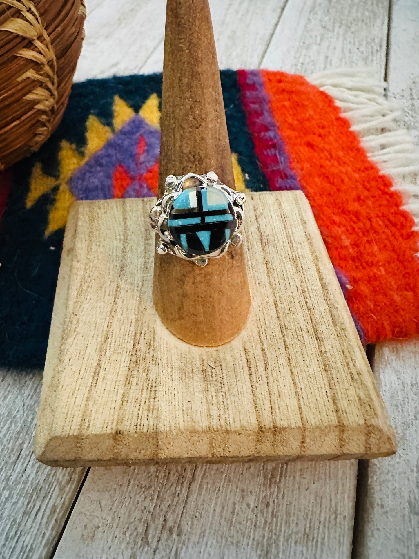Handcrafted Multi Stone & Sterling Silver Inlay Ring Size 7