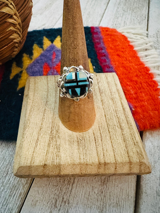 Handcrafted Multi Stone & Sterling Silver Inlay Ring Size 7