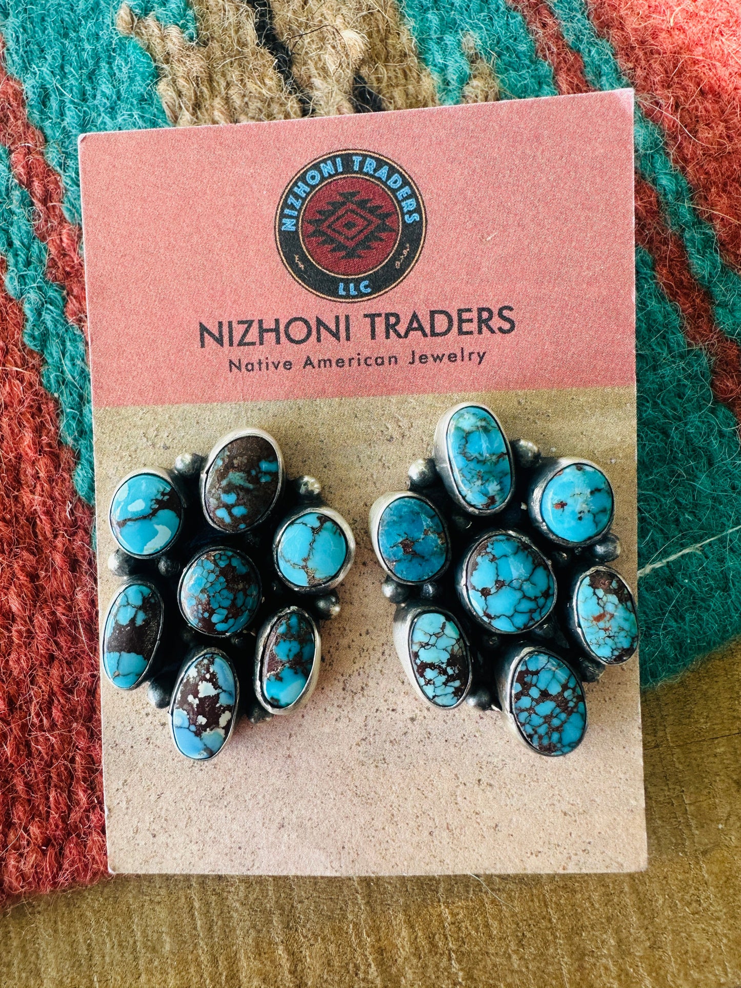 Handcrafted Sterling Silver & Kingman Web Turquoise Cluster Post Earrings