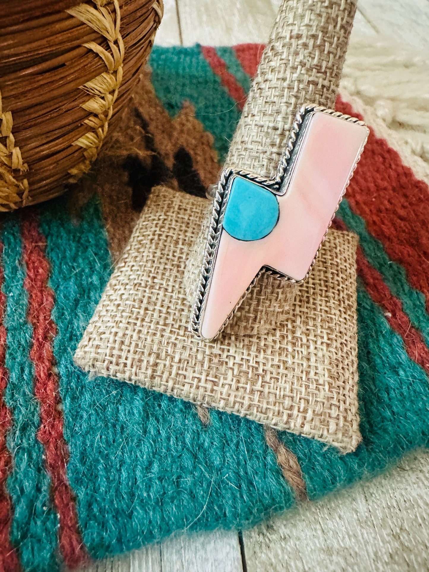 Handcrafted Queen Pink Conch, Turquoise & Sterling Silver Adjustable Lightning Bolt Ring