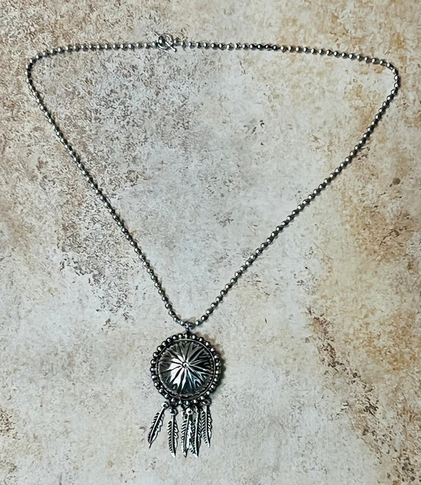 Vintage Silver Engraved Concho Feather Necklace