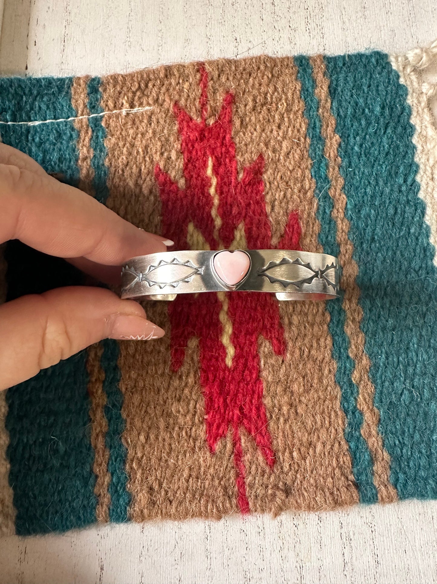 Navajo Sterling Silver & Queen Pink Conch Heart Cuff Bracelet