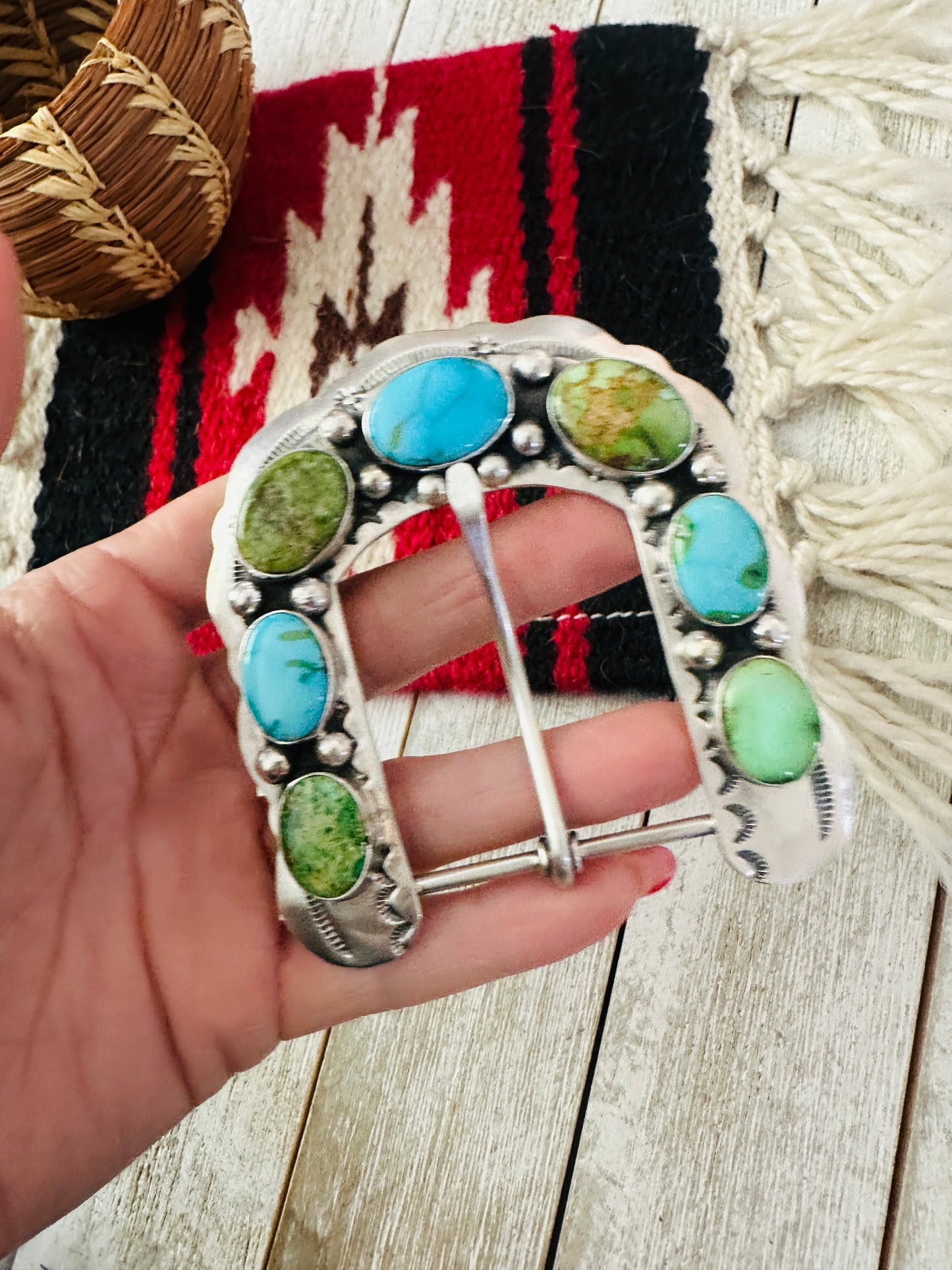 Handcrafted Turquoise & Sterling Silver Belt Buckle by Russell Sam
