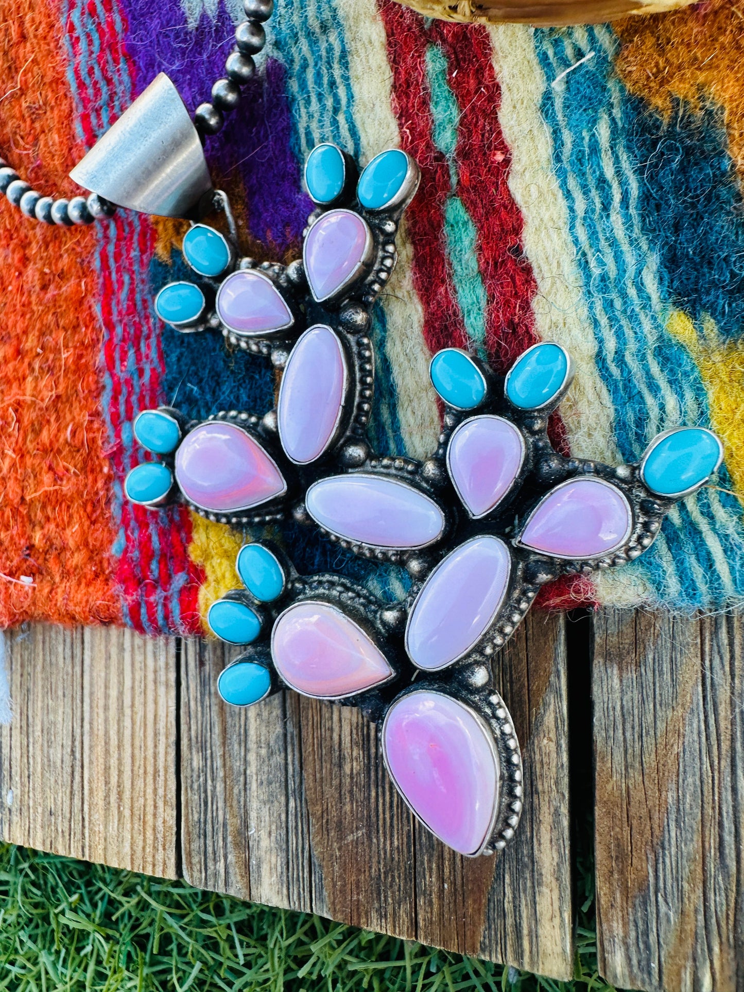 Handcrafted Sterling Silver, Turquoise & Queen Pink Conch Cactus Pendant by Shawn Cayatineto