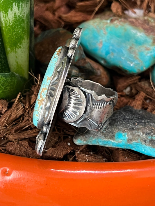 Handcrafted Sterling Silver and Number 8 Turquoise Ring by Gilbert Tom, Size 6.5
