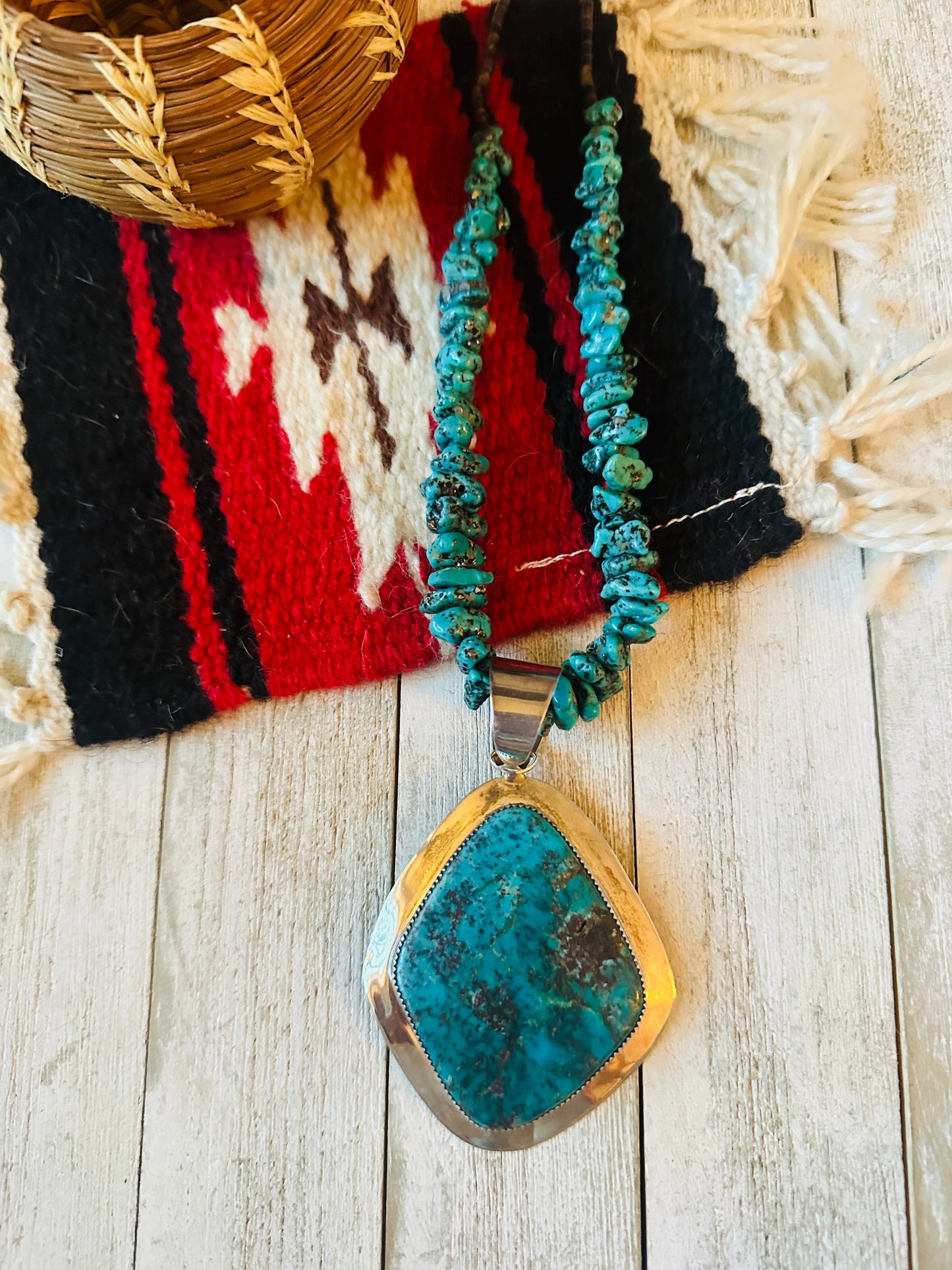 Vintage Old Pawn Handcrafted Turquoise & Sterling Silver Beaded Necklace