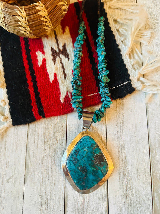 Vintage Old Pawn Handcrafted Turquoise & Sterling Silver Beaded Necklace