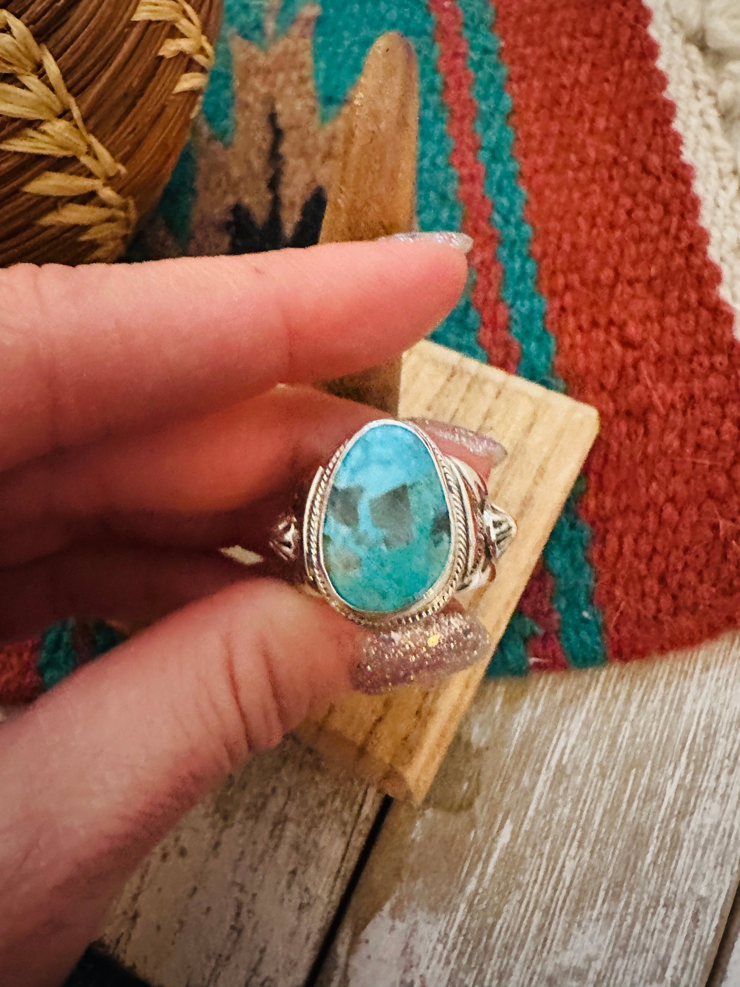 Handcrafted Sterling Silver & Turquoise Teardrop Cigar Band Ring Size 9