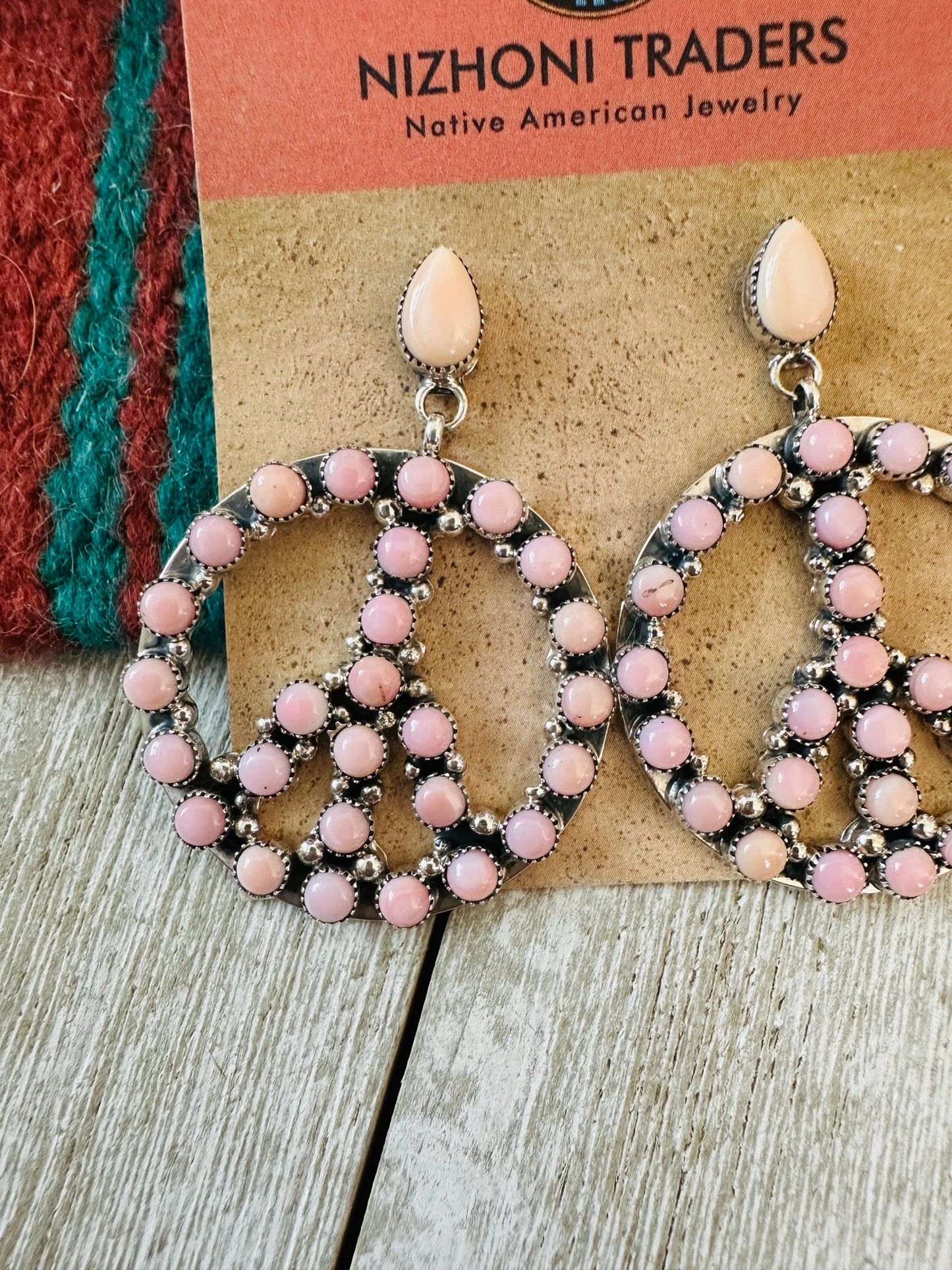 Handcrafted Queen Pink Conch & Sterling Silver Peace Sign Dangle Earrings
