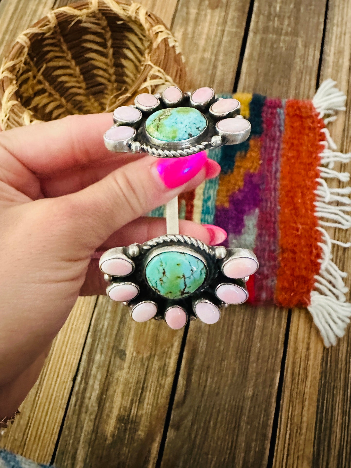 Handcrafted Queen Pink Conch, Turquoise & Sterling Silver Floating Cuff Bracelet by Geraldine James