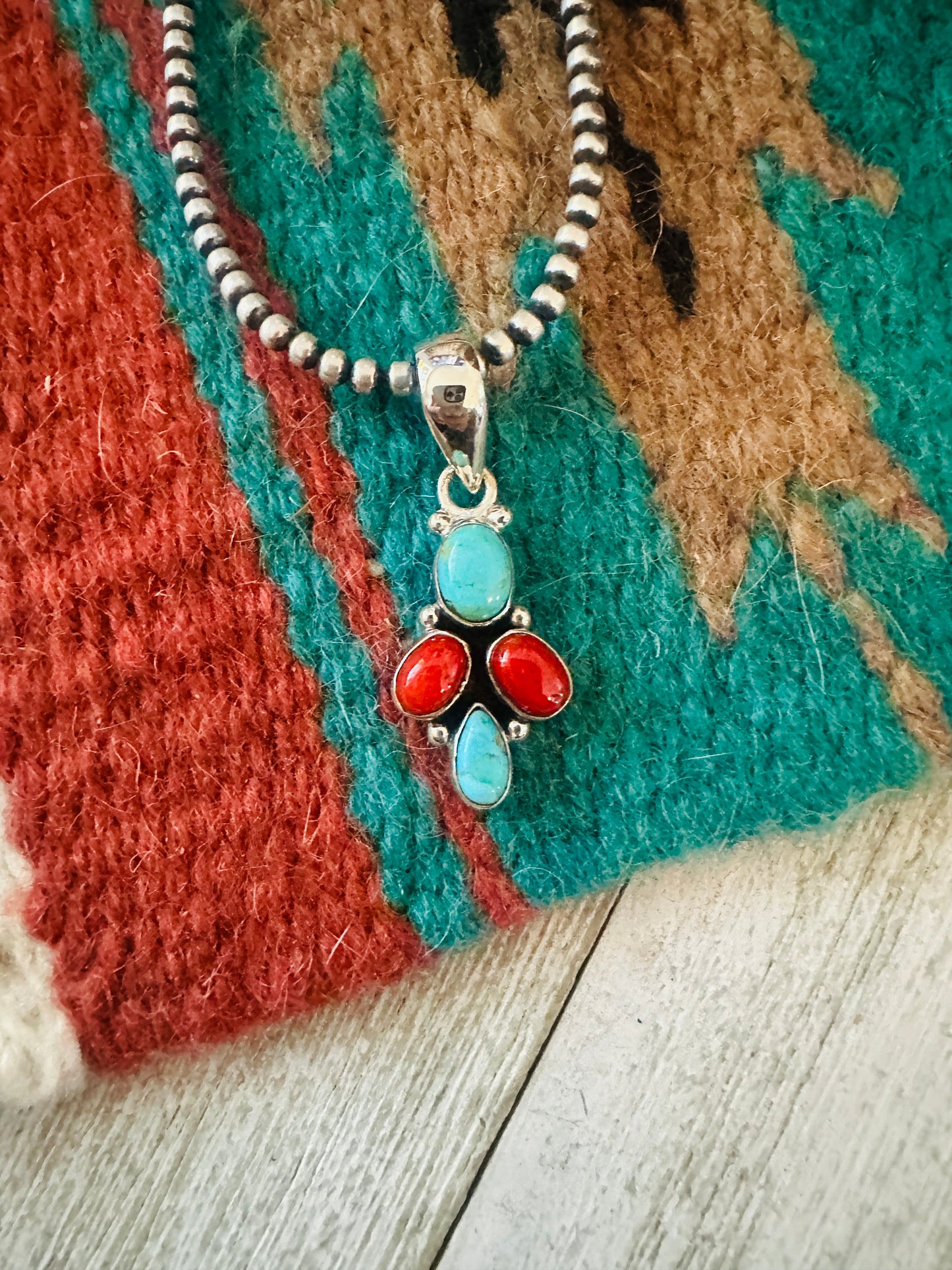 ** Christmas Collection ** Handmade Sterling Silver, Coral & Turquoise Pendant Signed Nizhoni
