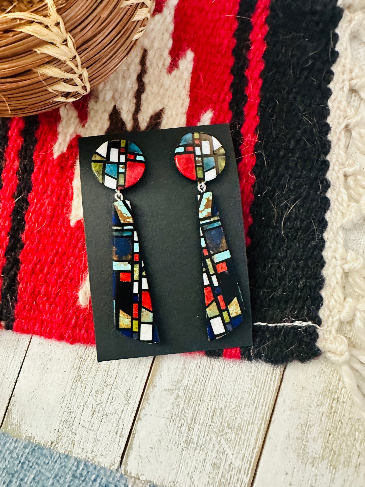 Handcrafted Multi Stone Inlay Dangle Earrings