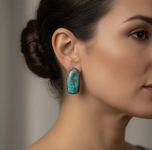 Handcrafted Turquoise & Sterling Silver Post Earrings Signed