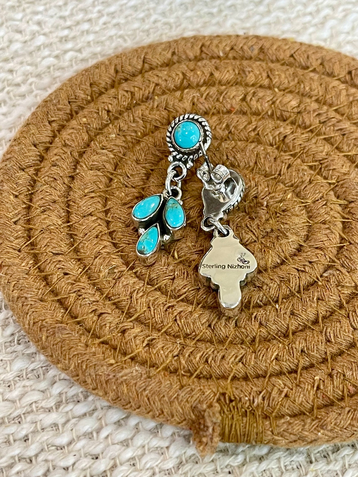 Handmade Sterling Silver Kingman Turquoise Post Dangle Earrings with Signed Nizhoni
