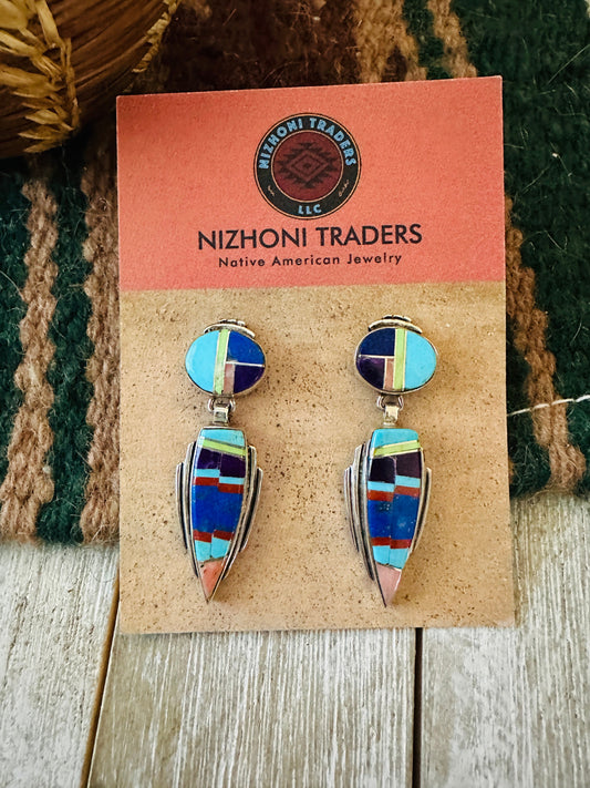 Old Pawn Handcrafted Sterling Silver & Multi Stone Inlay Dangle Earrings
