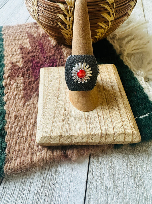 Handcrafted Sterling Silver & Red Spiny Concho Adjustable Ring