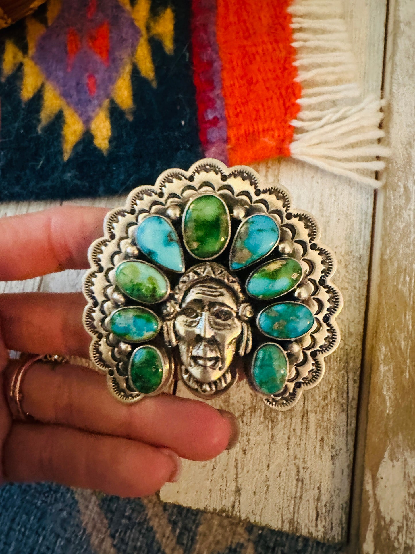 Handcrafted Sonoran Mountain Turquoise & Sterling Silver Indian Chief Adjustable Ring