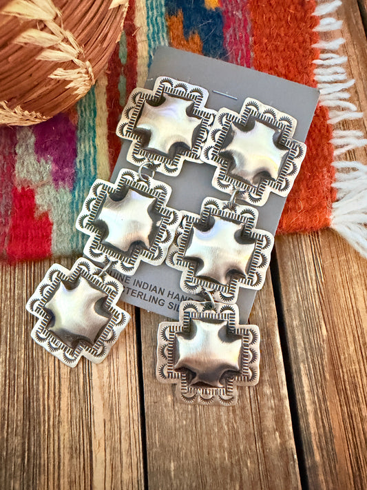 Handcrafted Sterling Silver Concho Cross Dangle Earrings by Leander Tahe