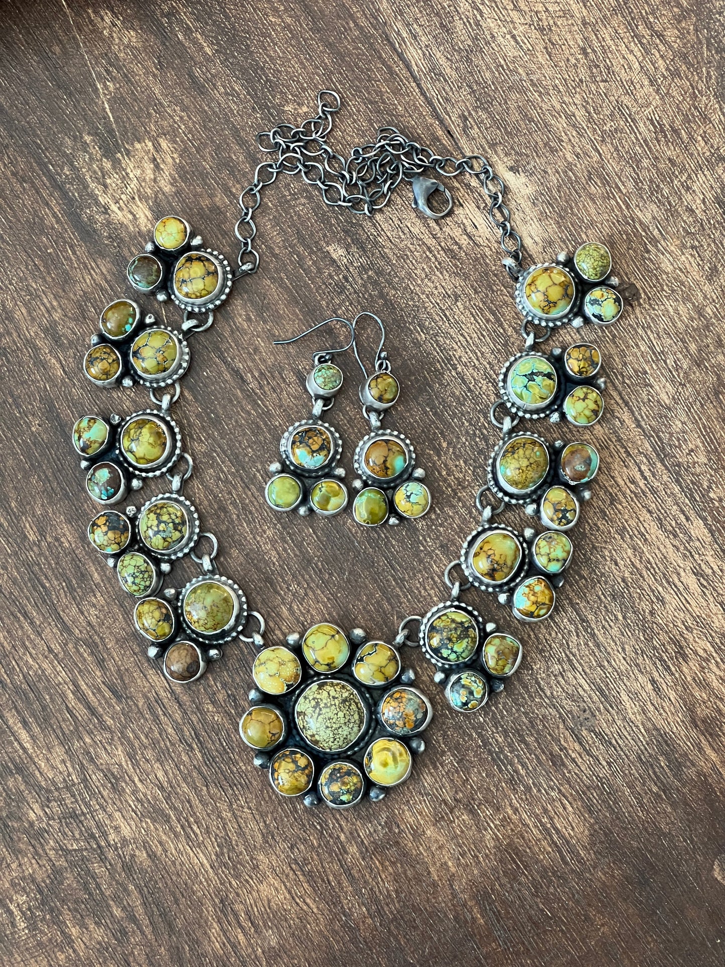 Handcrafted Sterling Silver and Blue Moon Turquoise Cluster Necklace and Earrings Set by Bobby Johnson