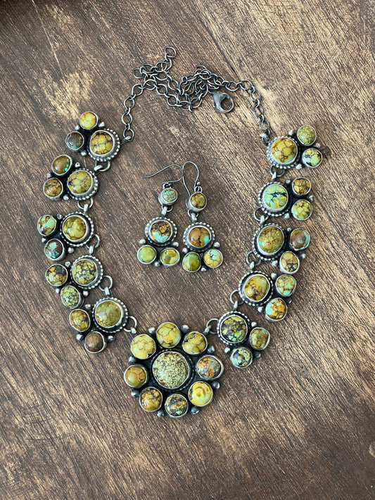Handcrafted Sterling Silver and Blue Moon Turquoise Cluster Necklace and Earrings Set by Bobby Johnson