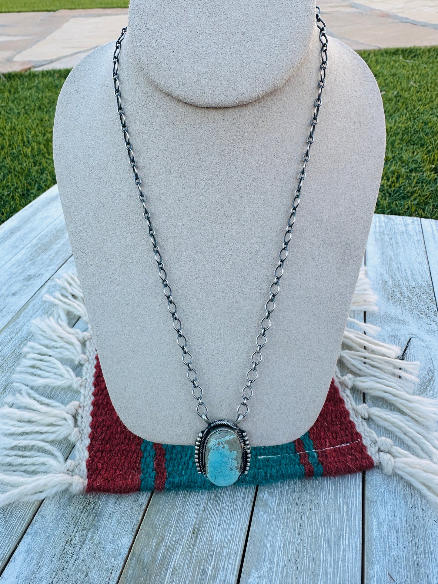 Handcrafted Sterling Silver 18” Link Chain & Turquoise Necklace