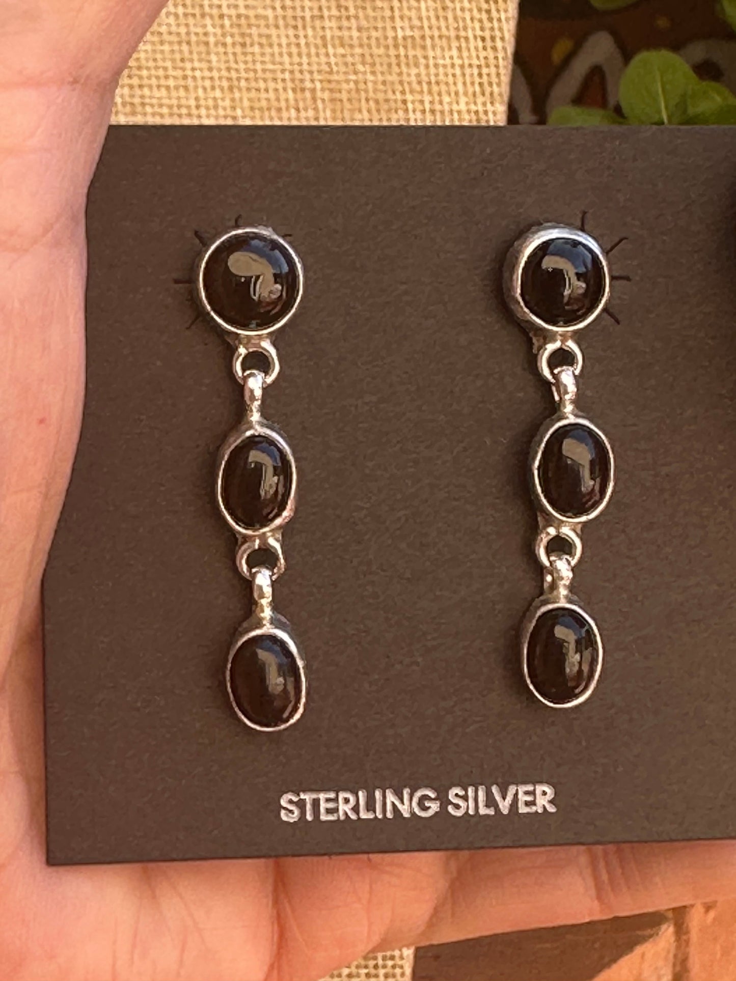 Handcrafted Made Black Onyx & Sterling Silver 3 Stone Dangle Earrings